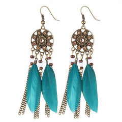Dream Catcher Long Feather Drop Earrings Tassel Bead Tibetan Earrings For Woman