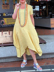 Yellow Crew Neck Shift Short Sleeve Cotton-Blend Dresses