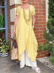 Yellow Crew Neck Shift Short Sleeve Cotton-Blend Dresses