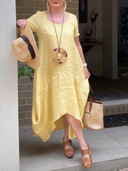 Yellow Crew Neck Shift Short Sleeve Cotton-Blend Dresses