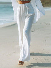 White Cotton-Blend Solid Casual Pants
