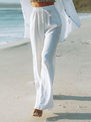 White Cotton-Blend Solid Casual Pants