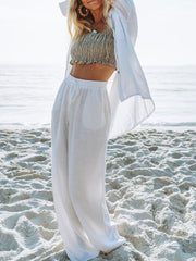 White Cotton-Blend Solid Casual Pants