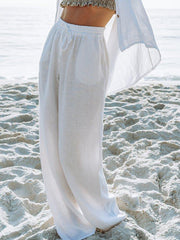 White Cotton-Blend Solid Casual Pants