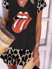 Casual Holiday Colorblock V Neck Leopard Print Short Sleeve Dresses
