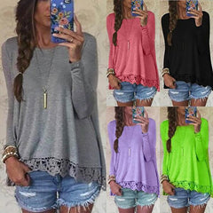 Crew Neck Long Sleeve Lace Crochet Casual Loose Tops Shirt