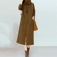 Loose Solid Color Front Split Pocket Long Sleeve Women Maxi Dress