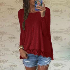 Crew Neck Long Sleeve Lace Crochet Casual Loose Tops Shirt