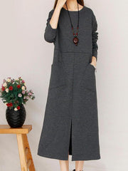 Loose Solid Color Front Split Pocket Long Sleeve Women Maxi Dress