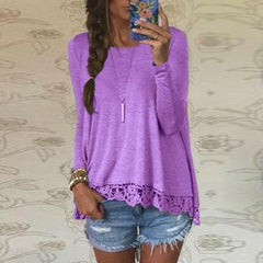 Crew Neck Long Sleeve Lace Crochet Casual Loose Tops Shirt