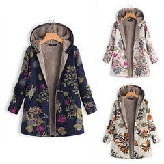 Vintage Leaves Floral Print Hooded Long Sleeve Coats