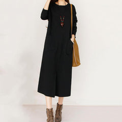 Loose Solid Color Front Split Pocket Long Sleeve Women Maxi Dress