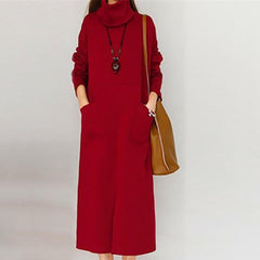 Loose Solid Color Front Split Pocket Long Sleeve Women Maxi Dress