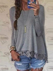 Crew Neck Long Sleeve Lace Crochet Casual Loose Tops Shirt