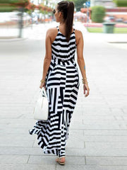 Asymmetric Striped Halterneck Maxi Dress