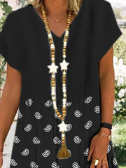 Black Printed Casual V Neck Shift Dresses