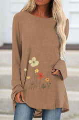 women's printed loose round neck floral T-shirt tops