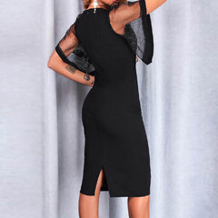 women's solid color hot diamond mesh V-neck bodycon dress