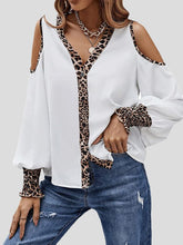 Women's Blouses Leopard Panel Button Off-Shoulder Long Sleeve Blouse