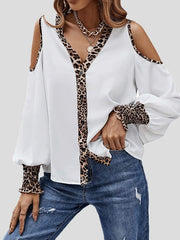 Women's Blouses Leopard Panel Button Off-Shoulder Long Sleeve Blouse