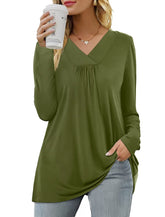 Women's Blouses Long Sleeve Pleated V Neck Blouse