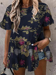 Women's Blouses Printed Crew Neck Ruffle Short Sleeve Blouse