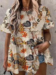Women's Blouses Printed Crew Neck Ruffle Short Sleeve Blouse