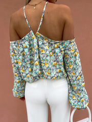 Women's Blouses Printed Halter Off Shoulder Long Sleeve Blouse