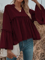 Women's Blouses Solid V-Neck Flared Long Sleeve Chiffon Blouse