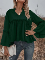 Women's Blouses Solid V-Neck Flared Long Sleeve Chiffon Blouse
