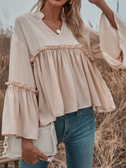 Women's Blouses Solid V-Neck Flared Long Sleeve Chiffon Blouse