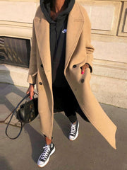 Women's Coats Lapel Solid Pocket Button Long Woolen Coat