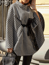 Women's Coats Loose Houndstooth Lace-Up Cape Wool Coat