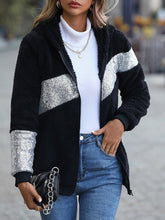 Women's Coats Sequin Panel Plush Zip Long Sleeve Hooded Coats