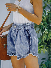 Women's Denim Shorts Stretch Elastic Waist Ruffled Denim Shorts