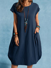 Women's Dresses Casual Solid Crew Neck Pocket Shift Dresses