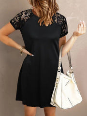 Women's Dresses Crew Neck Lace Panel Short Sleeve Shift Dresses