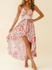 Women's Dresses Deep V-Neck Lace Sling Irregular Ruffle Dress