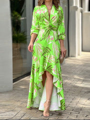 Women's Dresses Printed V-Neck High Waist Long Sleeve Maxi Dresses