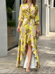 Women's Dresses Printed V-Neck High Waist Long Sleeve Maxi Dresses