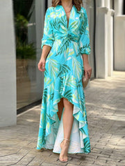 Women's Dresses Printed V-Neck High Waist Long Sleeve Maxi Dresses