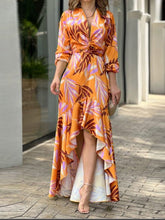 Women's Dresses Printed V-Neck High Waist Long Sleeve Maxi Dresses