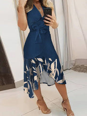 Women's Dresses Printed V-Neck Tie Irregular Ruffle Dress Maxi Dresses