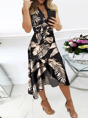 Women's Dresses Printed V-Neck Tie Irregular Ruffle Dress Maxi Dresses