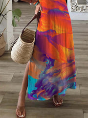Women's Dresses V-Neck Multicolor Printed Short Sleeve Slit Dress