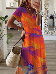 Women's Dresses V-Neck Multicolor Printed Short Sleeve Slit Dress