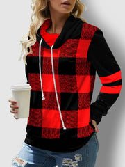 Women's Hoodies Check Printed Long Sleeve High Neck Drawstring Hoodie
