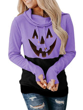 Women's Hoodies Pumpkin Print High Neck Tie Long Sleeve Halloween Hoodies