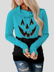 Women's Hoodies Pumpkin Print High Neck Tie Long Sleeve Halloween Hoodies