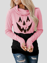 Women's Hoodies Pumpkin Print High Neck Tie Long Sleeve Halloween Hoodies